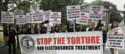 Protesters target brain-damaging electric shock